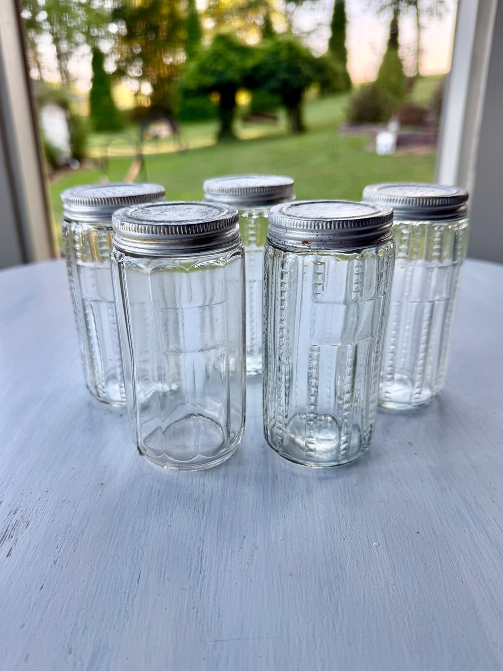 VINTAGE, SET/5, HOOSIER CABINET CLEAR GLASS SPICE JARS